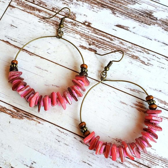 The Girl with Kaleidoscope Eyes Jewelry - Pink Shell Hoop Earrings